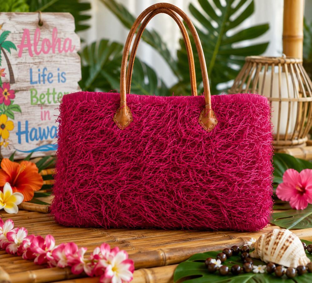 Large fushia fluffy raffia purse basket with leather handles drawstring closure